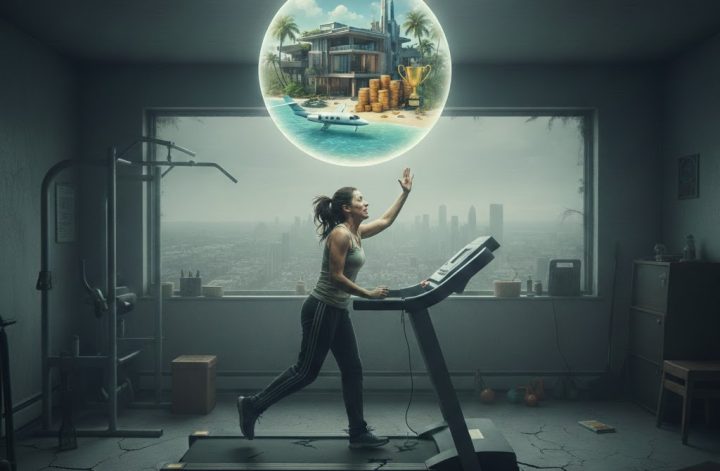 woman on treadmill chasing vision of wealth